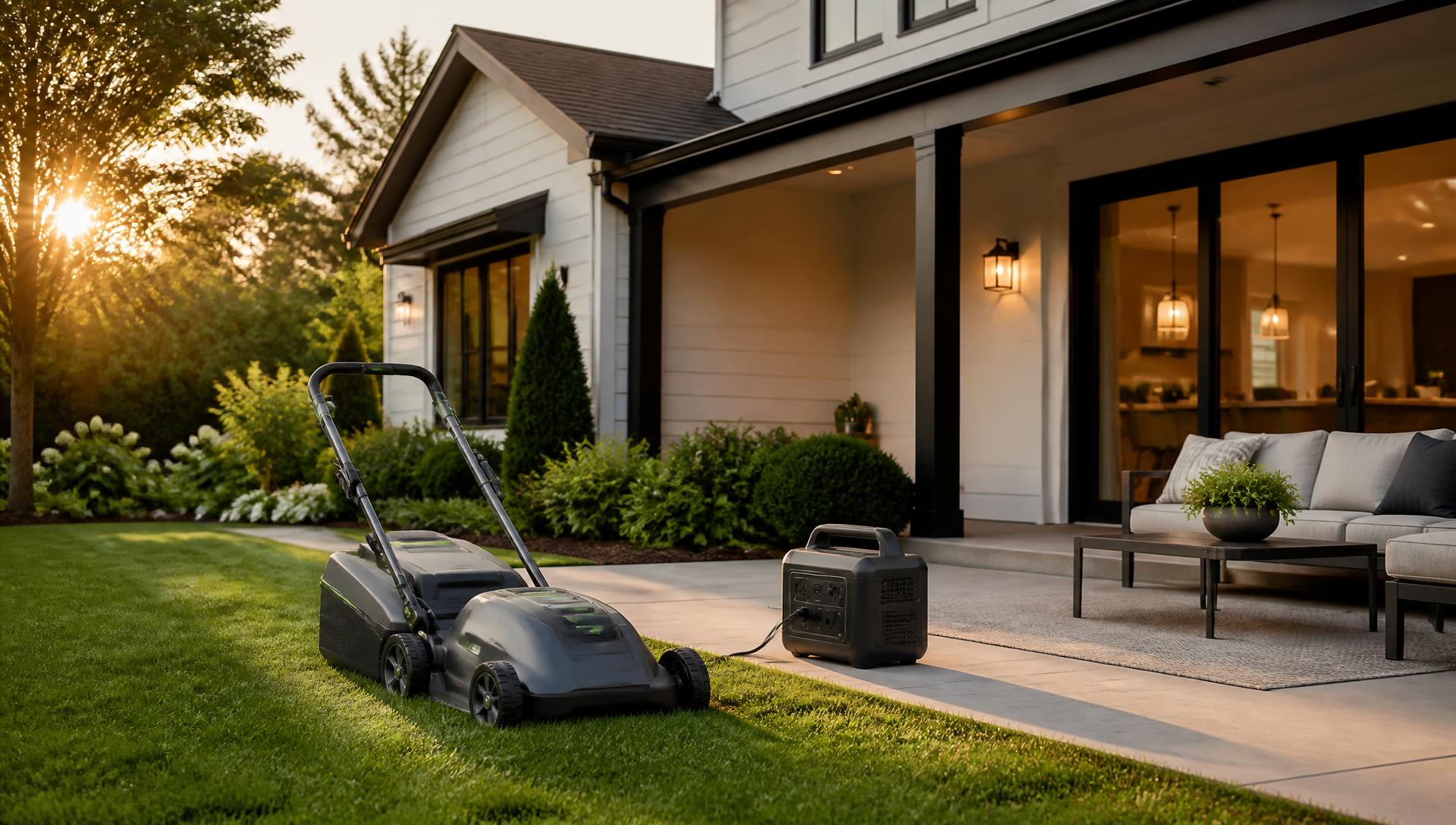 Modern home exterior with a cordless lawn mower on the lawn and a portable power station on the patio